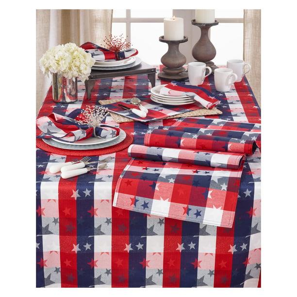 52” x 90” Oblong/Rectangle Red White and Blue Patriotic Patchwork Indoor/Outdoor Tablecloth Home Bargains Plus Americana Patchwork Stars and Stripes Print Vinyl Flannel Backed Tablecloth 